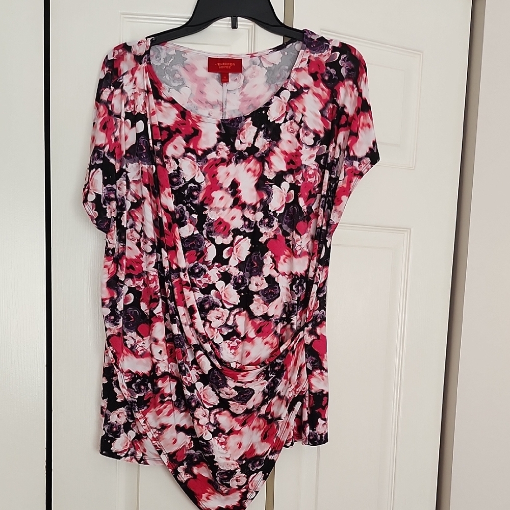Jennifer Lopez Black and Pink Bell Sleeve Ruched Blouse